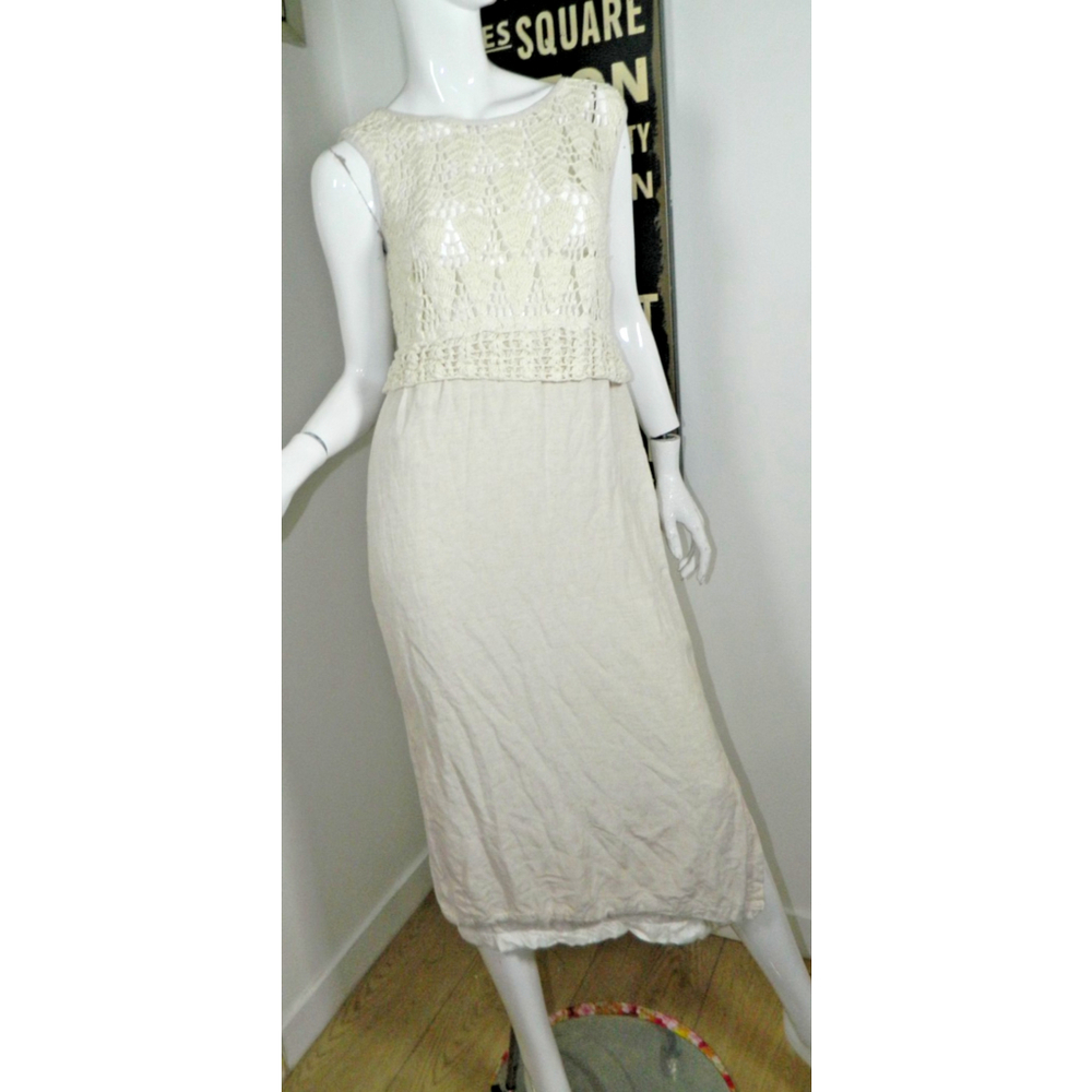 Jakelin Dress‎ Vintage Size Small Ivory Linen Crochet Midi - Picture 1 of 11